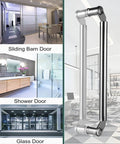 Glass Hall Door Handle Set With Push Pull Operation, Modern Round Metal Handle, 80cm Stainless Steel Silver Finish