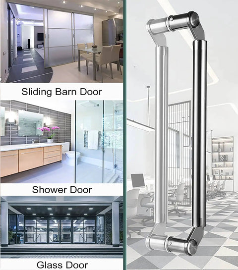 Glass Hall Door Handle Set With Push Pull Operation, Modern Round Metal Handle, 80cm Stainless Steel Silver Finish