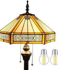 Tiffany Style Floor Lamp With Yellow Hexagon Stained Glass Mission Design Standing Reading Light 64 Inch Tall Antique Pole Corner Lamp
