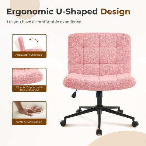 Swivel Criss Cross Legged Office Chair With Wheels For Home Office And Vanity Wide Armless Desk Chair Height Adjustable Cozy Padded Seat In Faux Fur Pink Ideal For Desk Bedroom with ergonomic design and adjustable features.
