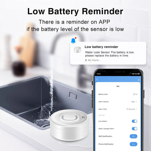 Smart WiFi Water Leak Detector With 100dB Alarm And App Alerts No Hub Needed 2.4G WiFi Tuya Compatible Low Battery Reminder Displayed