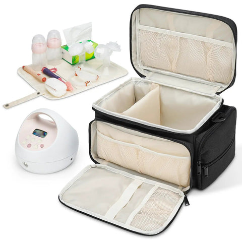 Breast Pump Travel Bag With Water-Resistant Mat And Removable Divider, Large Capacity Carrying Case For Work Travel And Family Use, Black