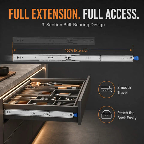 Beefy 72 Inch Heavy Duty Locking Drawer Slides Hold Up To 500 Lb, Side Mount Steel Rails, Industrial Grade, Thick 2.5mm Q235 Cold Rolled Steel, Built Tough For Heavy Storage and Smooth Slides. 72-inch side-mount full-extension drawer slide in kitchen cabinet