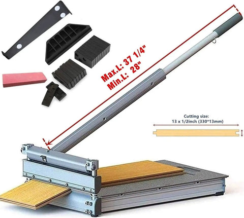Pro Grade Floor Cutter For Laminate And Vinyl With Quick Install Kit displayed with cutting measurements and accessories.