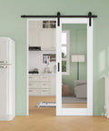 28 Inch By 80 Inch Preassembled Solid Core MDF Sliding Barn Door Kit With 72 Inch Track And Black Hardware, 1 Lite Mirror Panel