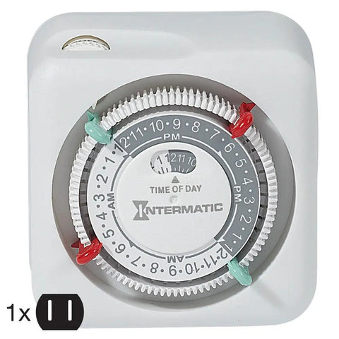 24 Hour Mechanical Plug In Outlet Timer With 15 Amp Indoor Rating, white, with timer dial for precise daily control.