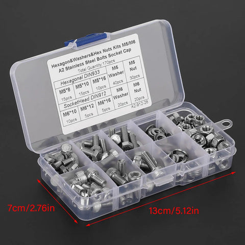 170 pcs stainless steel M5 and M6 hex socket head cap screws kit with washers and nuts in storage box for projects