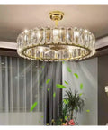 Top Tier Modern Crystal Ceiling Fan Pendant Light Delivering A Killer Warm Glow For Fresh Home Decor In Your Living Room Bedroom Dining Space Or Office Setup with golden frame and crystal shade.