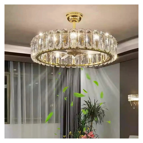 Top Tier Modern Crystal Ceiling Fan Pendant Light Delivering A Killer Warm Glow For Fresh Home Decor In Your Living Room Bedroom Dining Space Or Office Setup with golden frame and crystal shade.