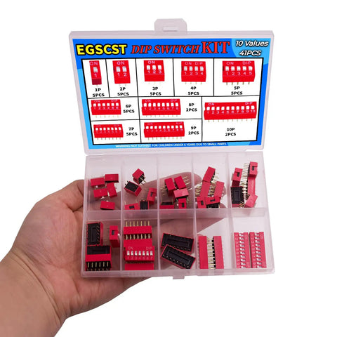 Red 41Pcs Dip Switches Kit With Ten Value Settings In Double Row 2.54mm Pitch PCB Mountable Slide On Off Toggle Switches Box