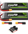 Two 3S 11.1V 5000mAh 120C LiPo Batteries with XT60 and Traxxas plugs, includes LiPo voltage checker for RC vehicles.