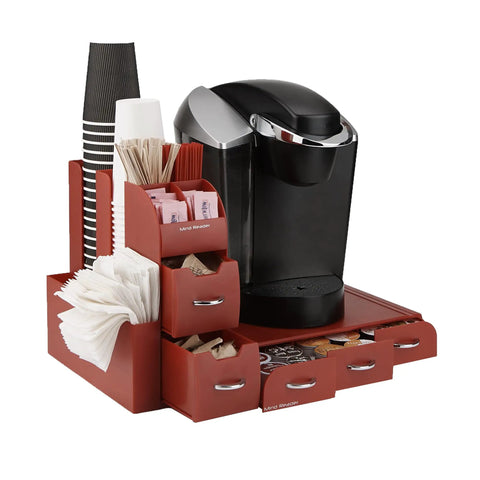 Two Piece Single Serve Coffee Pod Drawer And Condiment Organizer Station Red Keeps Your Counter Clean And Efficient Stashing K Cups Tea Bags Cocoa Pods And Condiments In One Handy Easy Reach Setup with coffee maker and condiments neatly organized.