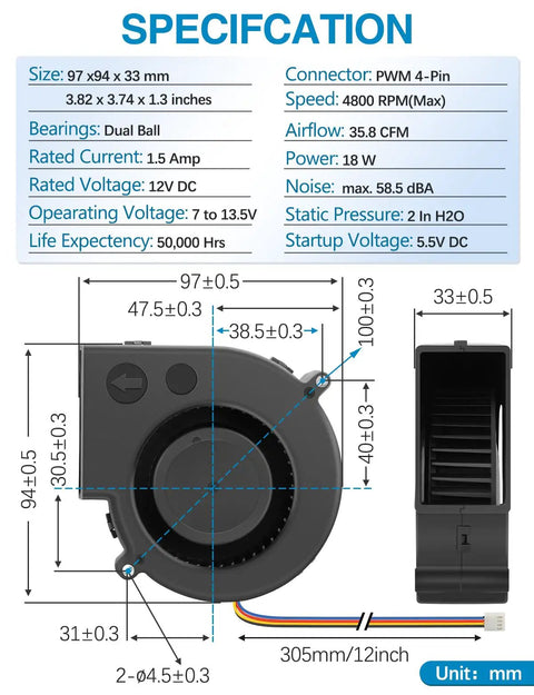 97mm By 33mm Brushless DC Blower Fan 12V Beefy CFM With 4 Pin PWM For PCs And Electronics Squirrel Cage Design Long Lifespan About 50000 Hours Compact Small Cooling Fan, dimension chart