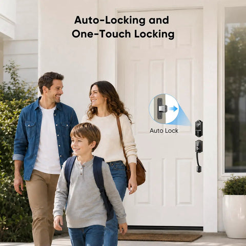 A family entering a home featuring the Slick Keyless Entry Smart Lock Featuring Auto Locking Fingerprint Reader.