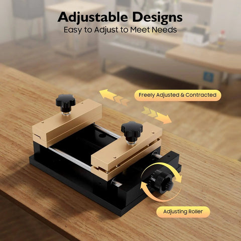 Adjustable Aluminum Alloy Fixture For Laser Cutting And Marking On Metal Sheets, 4.72 by 4.72 inch, shown adjusting range and roller