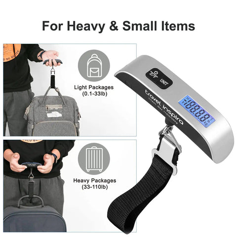 Hassle Free Travel Luggage Scale Portable Digital Hanging Baggage Scale With 110 Lb Capacity showing usage on bags, silver.