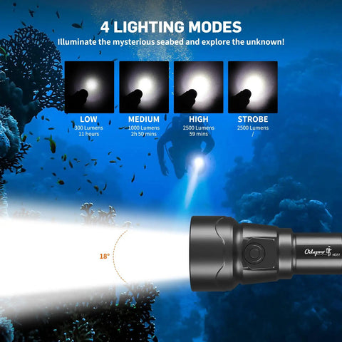 Beast Bright 2500 Lumen Dive Light With 4 Modes Scuba Diving Torch for Underwater Exploration IP68 Waterproof showing beam angle.
