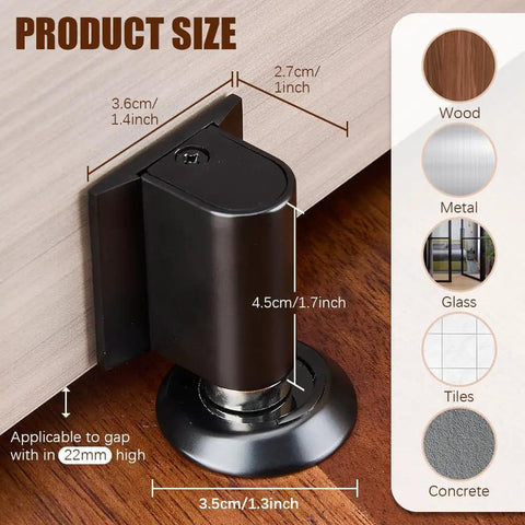 Product size chart of Magnetic Door Stop Heavy Duty Wedge With No Drill Install Kit, showing dimensions and material compatibility.