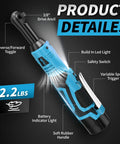 Cordless Ratchet Wrench Set With 16.8V Beefy Power 45 Ft Lbs Torque 550 RPM Dual Cooling Extended Run Time Heavy Duty Build Includes 2x 2Ah Batteries One Quarter Inch Adapter 3 Inch Extension Bar Variable Speed Electric Tool Kit In Blue, 3/8-inch drive