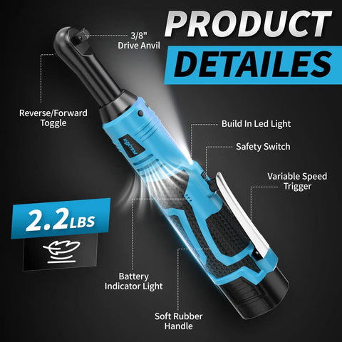 Cordless Ratchet Wrench Set With 16.8V Beefy Power 45 Ft Lbs Torque 550 RPM Dual Cooling Extended Run Time Heavy Duty Build Includes 2x 2Ah Batteries One Quarter Inch Adapter 3 Inch Extension Bar Variable Speed Electric Tool Kit In Blue, 3/8-inch drive