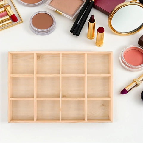 Solid Wood Jewelry Storage Tray With Twelve Grids For Rings And Bracelets Drawer Organizer Keeps Your Daily Bling Neat on a desk.