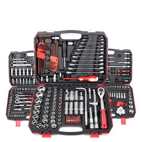 Premium Auto Combination Wrench Set Packing Slick Ratchet Pawl Sockets Hefty Spanner And Precision Screwdriver Bits For Your Garage Stash in organized case.