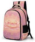 Om Sacred Lotus Mandala Art Backpack for unisex use, pastel lotus design, durable polyester, large capacity, side pocket view.