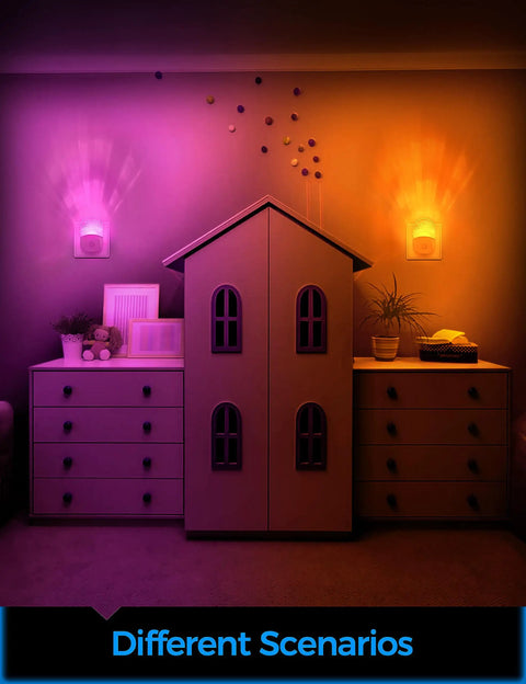 2 Pack Plug In Night Lights For Kids With Dusk To Dawn Sensor Warm White And RGB Color Modes illuminating a kids' room