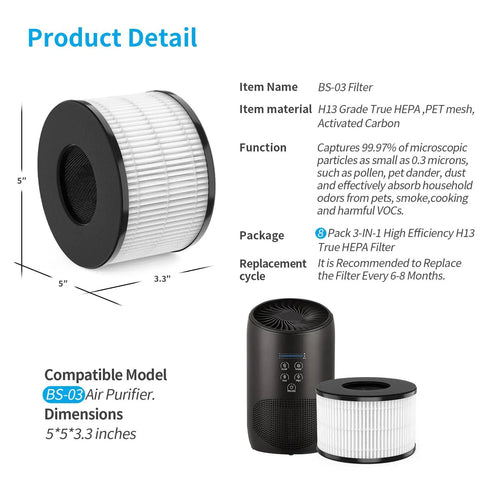 Eight Pack Main Replacement Filter For PARTU BS 03 Purifier Part U Part X And Slevoo BS 03 Main Filter Purifier with dimensions