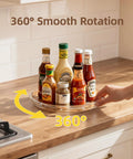 2 Pack 9 Inch Clear Lazy Susan Turntables For Cabinet Fridge Kitchen Pantry Storage Super Handy Organizers For Spices Seasonings Condiments And Everyday Kitchen Organization shown on kitchen countertop with condiments.