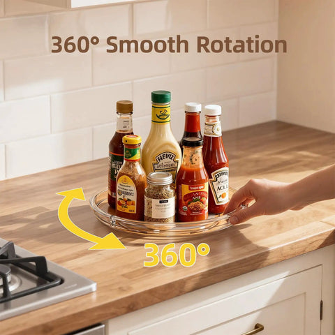 2 Pack 9 Inch Clear Lazy Susan Turntables For Cabinet Fridge Kitchen Pantry Storage Super Handy Organizers For Spices Seasonings Condiments And Everyday Kitchen Organization shown on kitchen countertop with condiments.