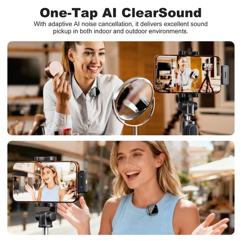 Woman using AI Noise Reduction Wireless Lavalier Mic With USB C For Android And iPhone 15 16 17 Magnetic Clip On Crystal Clear Voice