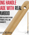 Close-up of bamboo handle for Stand Up Weed Puller Tool With Heavy Duty 4-Claw Steel Head And Solid Bamboo Handle