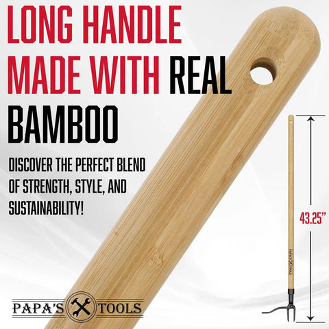 Close-up of bamboo handle for Stand Up Weed Puller Tool With Heavy Duty 4-Claw Steel Head And Solid Bamboo Handle