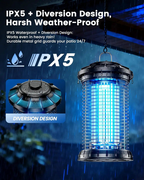 Outdoor Bug Zapper With 4200V High Voltage, Dual 365Nm UV Light And CO2 Body Heat Lure, IPX5 Waterproof Insect Trap hanging in rain