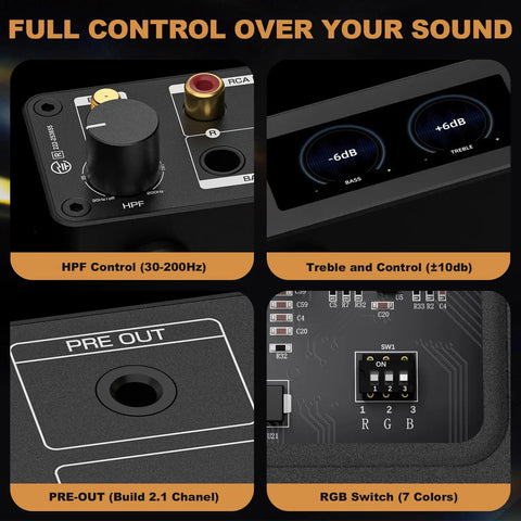 Next Gen 2 Channel Bluetooth HiFi Amp With 300W Per Channel Digital VU Meter Sub Pre Out HPF Tone Control TRS Balanced Input Bass Treble Control Remote And BT 5 2 For Your Home Theater And Bookshelf Speakers. close-up of HPF, pre-out, and RGB switch controls