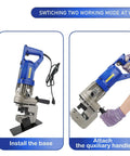 Beast 1300W Electric Hydraulic Hole Puncher with 10 Ton Punch, installation and handle attachment steps shown.