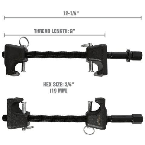 MacPherson Strut Spring Compressor Kit Two Pack With 10.75 Inch Opening Universal Automotive Tool, showing thread and hex size.