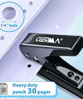 Heavy Duty Single Hole Punch For 0.25 Inch Holes, 30 Sheet Capacity, Includes 10 Loose Leaf Binder Rings, Black