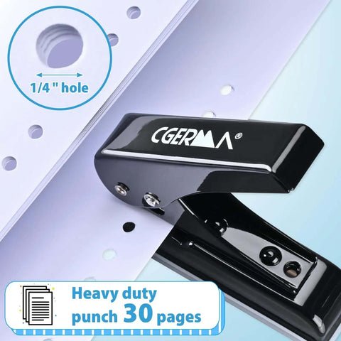 Heavy Duty Single Hole Punch For 0.25 Inch Holes, 30 Sheet Capacity, Includes 10 Loose Leaf Binder Rings, Black