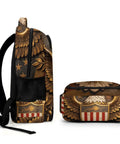 Heraldic Shield Print Backpack For Everyday Use, side view showing eagle emblem and sturdy zipper, unisex daypack style.