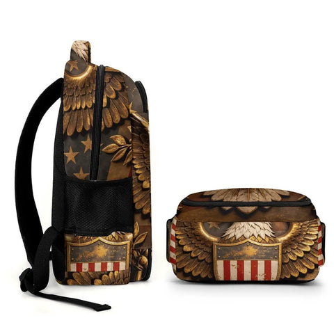 Heraldic Shield Print Backpack For Everyday Use, side view showing eagle emblem and sturdy zipper, unisex daypack style.