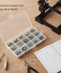 Ultimate Screw And Nut Kit For 3D Printer Projects And DIY Repairs With Iron Hardware Case, Assorted Fasteners For Quick Grab And Go Assembly And Easy On Hand Access. Open case with iron screws and nuts for 3D printer frame repair.
