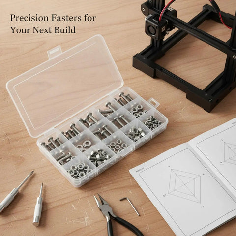 Ultimate Screw And Nut Kit For 3D Printer Projects And DIY Repairs With Iron Hardware Case, Assorted Fasteners For Quick Grab And Go Assembly And Easy On Hand Access. Open case with iron screws and nuts for 3D printer frame repair.