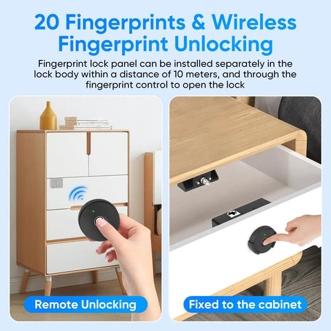 Smart Cabinet Lock With Fingerprint, Remote Unlock, And USB Key Backup installed on a drawer showing remote unlocking feature.