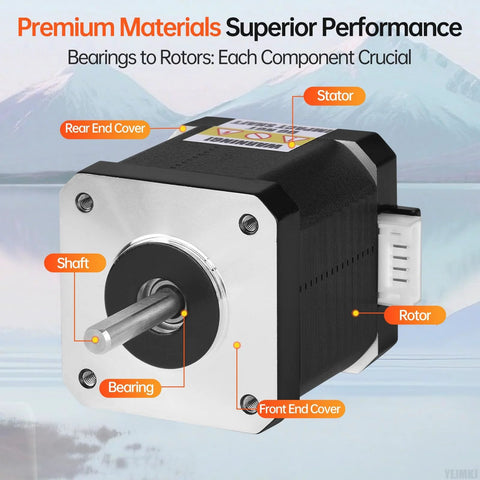 High-torque NEMA 17 stepper motor with labeled components