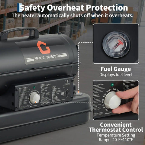 Pro Level 70000 Btu Kerosene And Diesel Forced Air Heater with fuel gauge and thermostat control features.