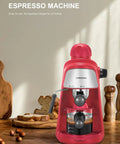 Solid Espresso And Cappuccino Machine Brings Super Quick Heat To Your Kitchen Counter with red design and glass cup of coffee.