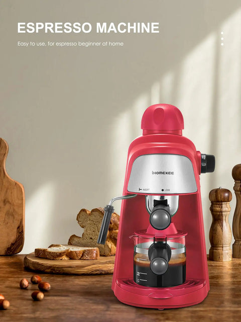 Solid Espresso And Cappuccino Machine Brings Super Quick Heat To Your Kitchen Counter with red design and glass cup of coffee.