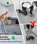 Woman using Long Reach Grout Brush With Adjustable Telescopic Handle for deep tile grout cleaning, saving back and knee.